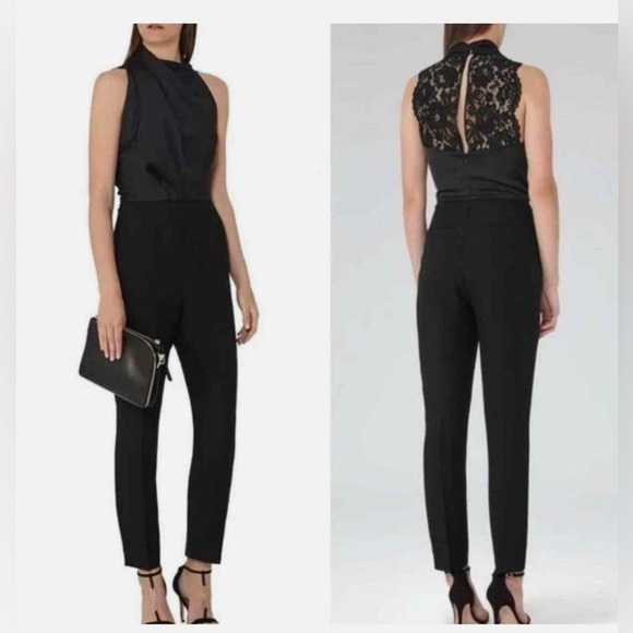 REISS Kita racerback satin lace black jumpsuit sz 6